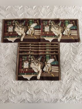 Five Tapestry Look Cat Placemats and one Table Runner